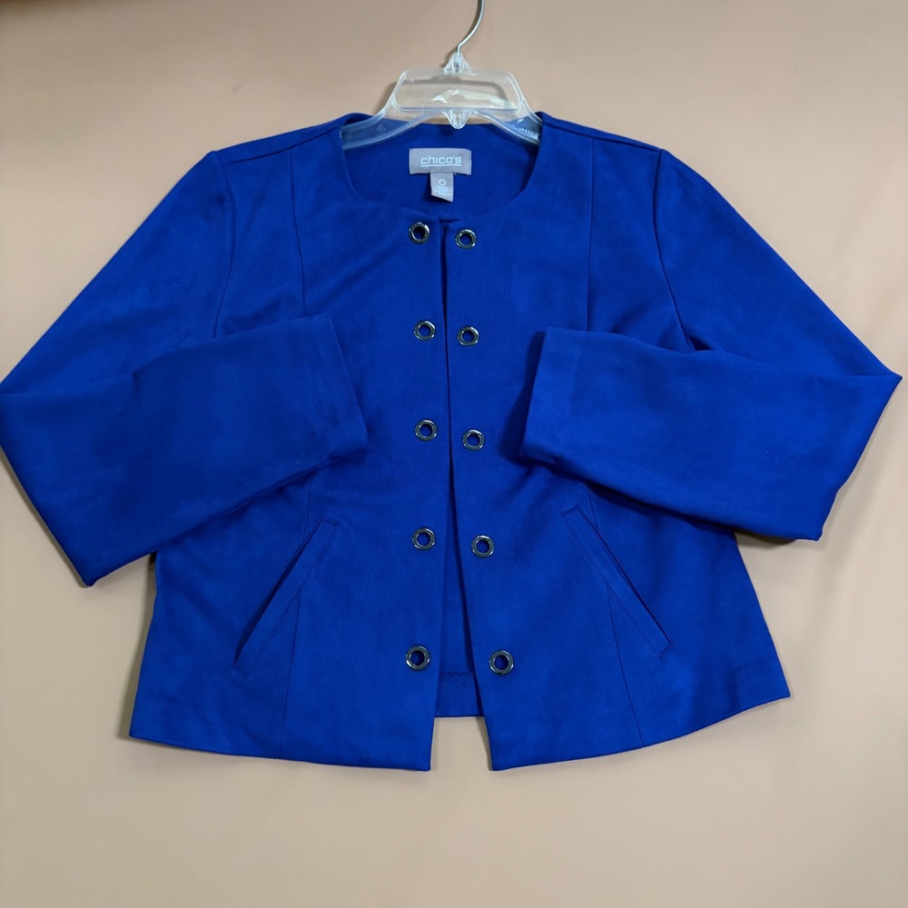 Chicos Royal Blue Faux Suede Grommet Open Front Jacket Womens Size 0 S Moto Chic